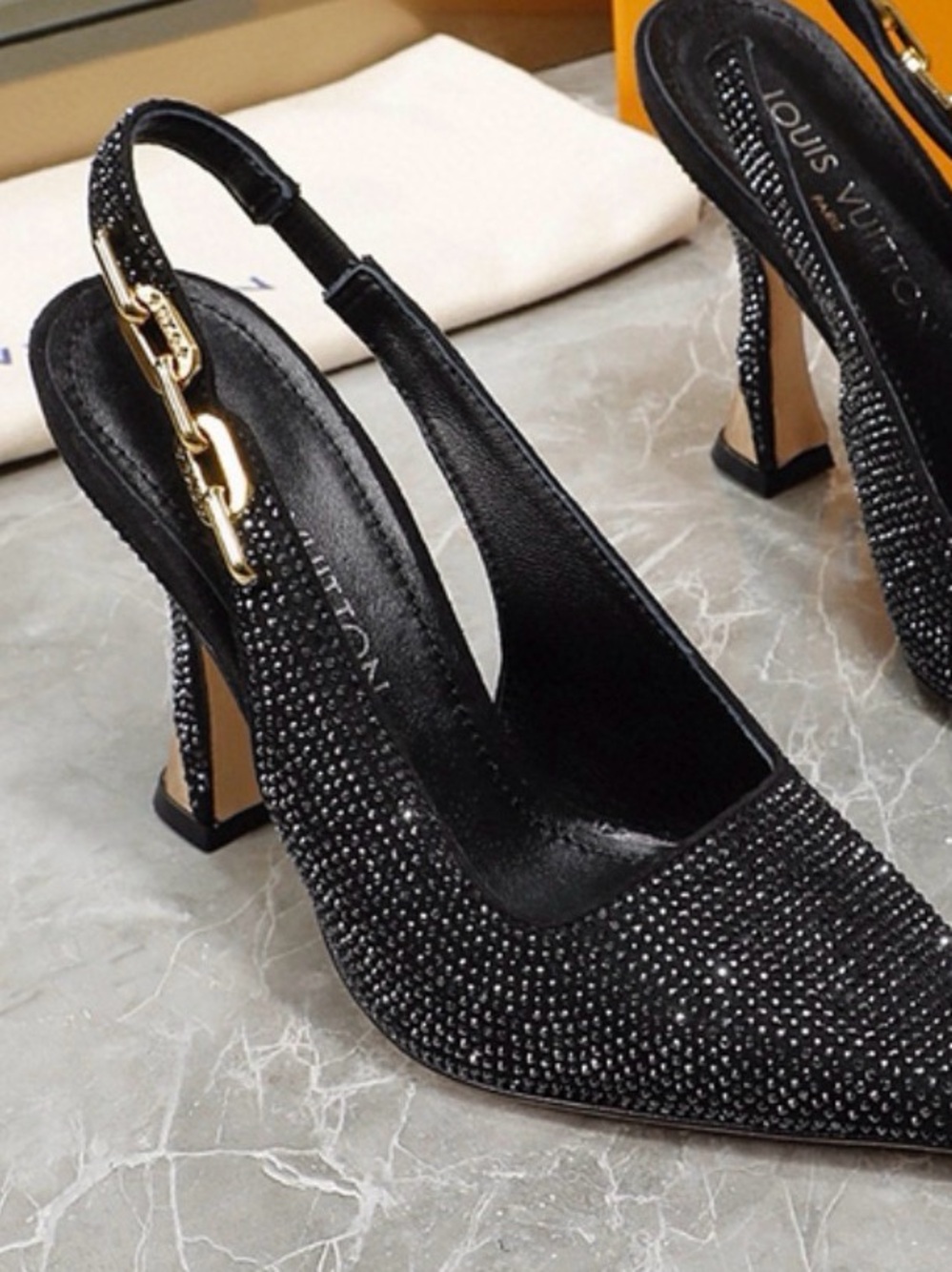 Black Crystal Embellished Pointed Slingback Heels